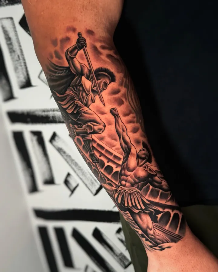 Black and grey tattoo by Dre: warrior scene, forearm