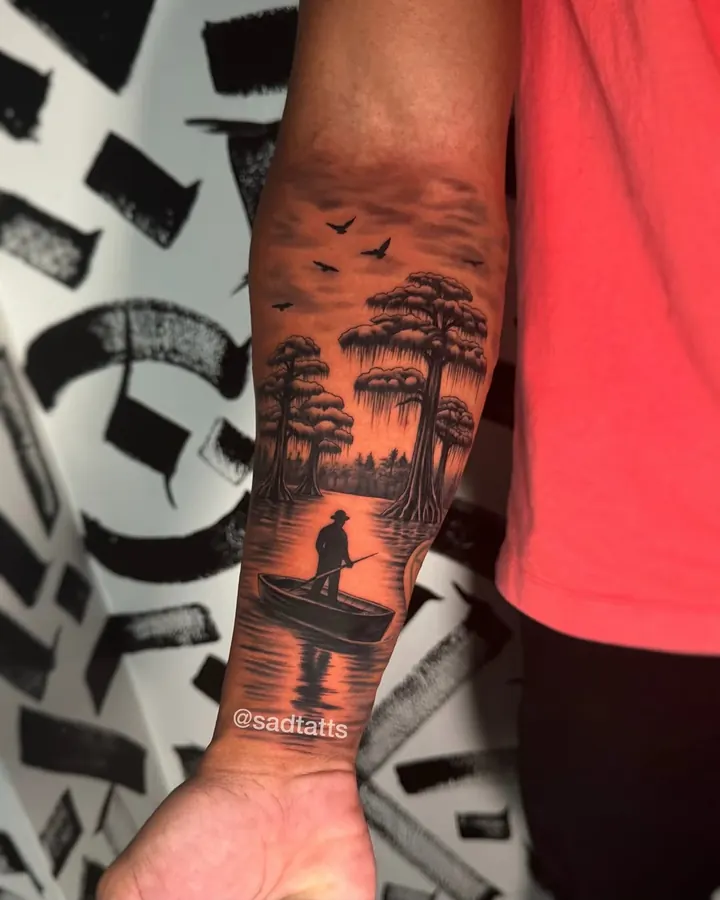 Black and grey tattoo by Dre: swamp fisherman scene, forearm