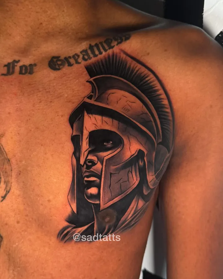 Black and grey tattoo by Dre: spartan warrior, chest
