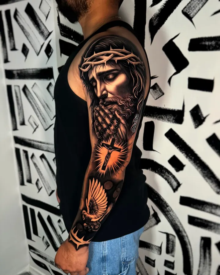 Black and grey tattoo by Dre: jesus praying, sleeve