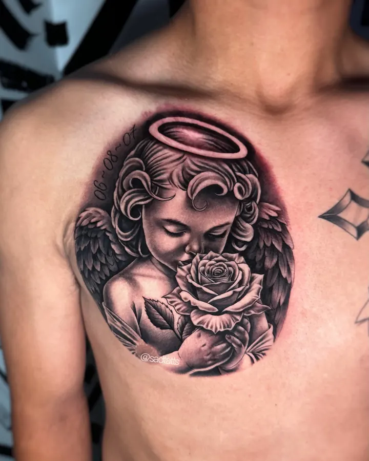 Black and grey tattoo by Dre: cherub with rose, chest