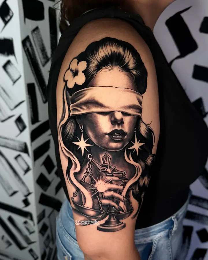 Black and grey tattoo by Dre: blindfolded woman, upper arm